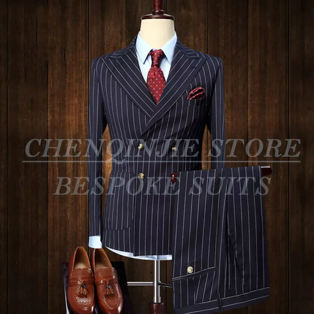 

SILIWEYA High Quality Stripe Men's Suits 2 Piece Jacket Pants Sets Luxury Double Breasted Peak Lapel Regular Length Outfits 2025
