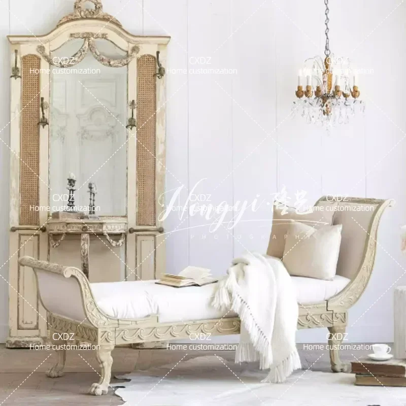 Carved Solid Wood Chair White Vintage Style for Living Room Bedroom Fashionable Lazy Sofa Comfortable Seating Furniture