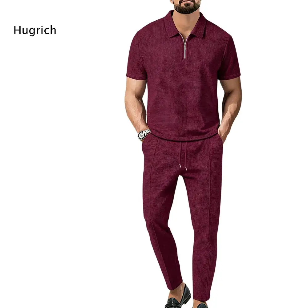 Men Relaxed Two Piece Matching Outfit Half Zip Lapel Waffle Short Sleeve Top Elastic Drawstring Waist Long Casual Trousers