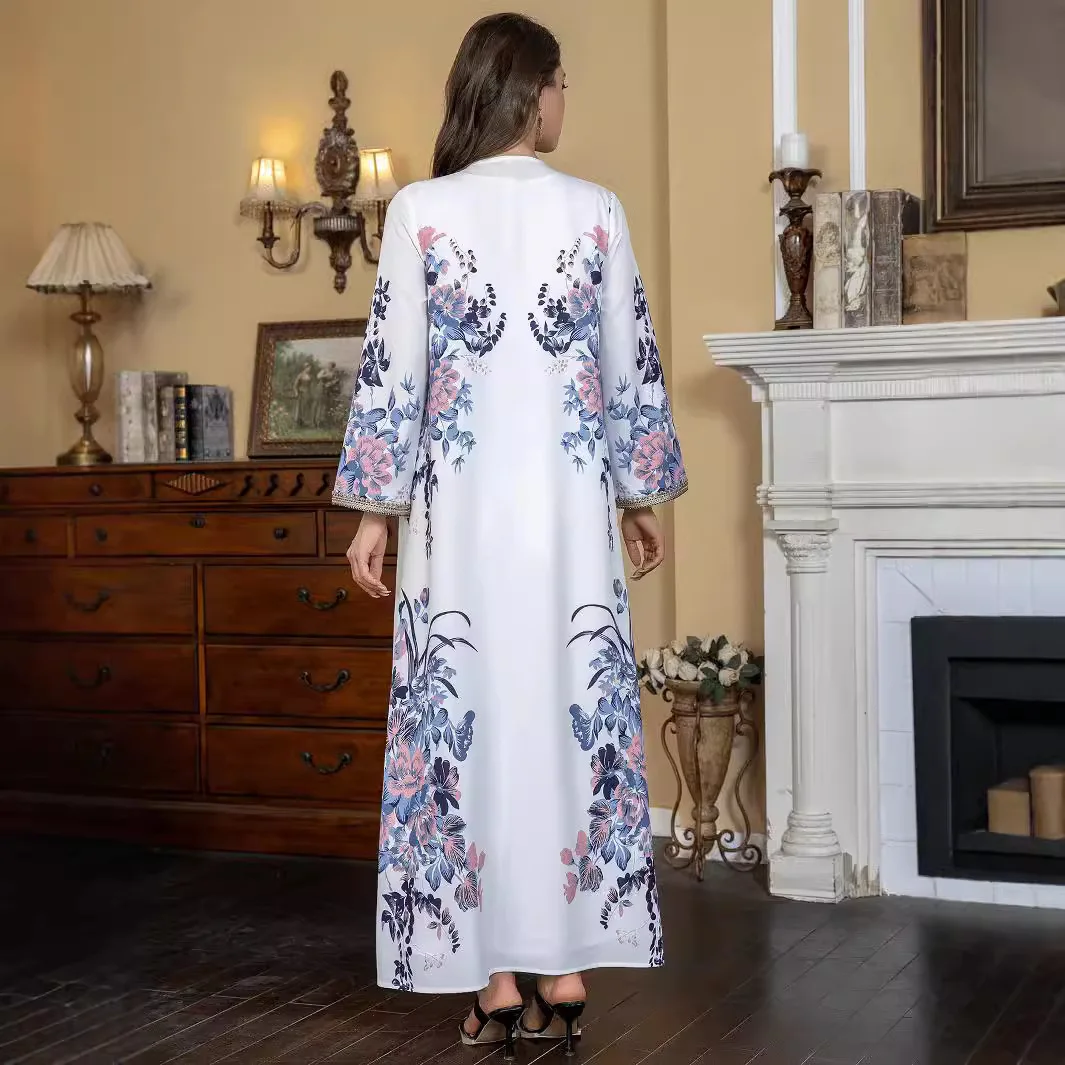 SW014 Dubai Muslim Women's Dress Printed Bead Robe Abaya