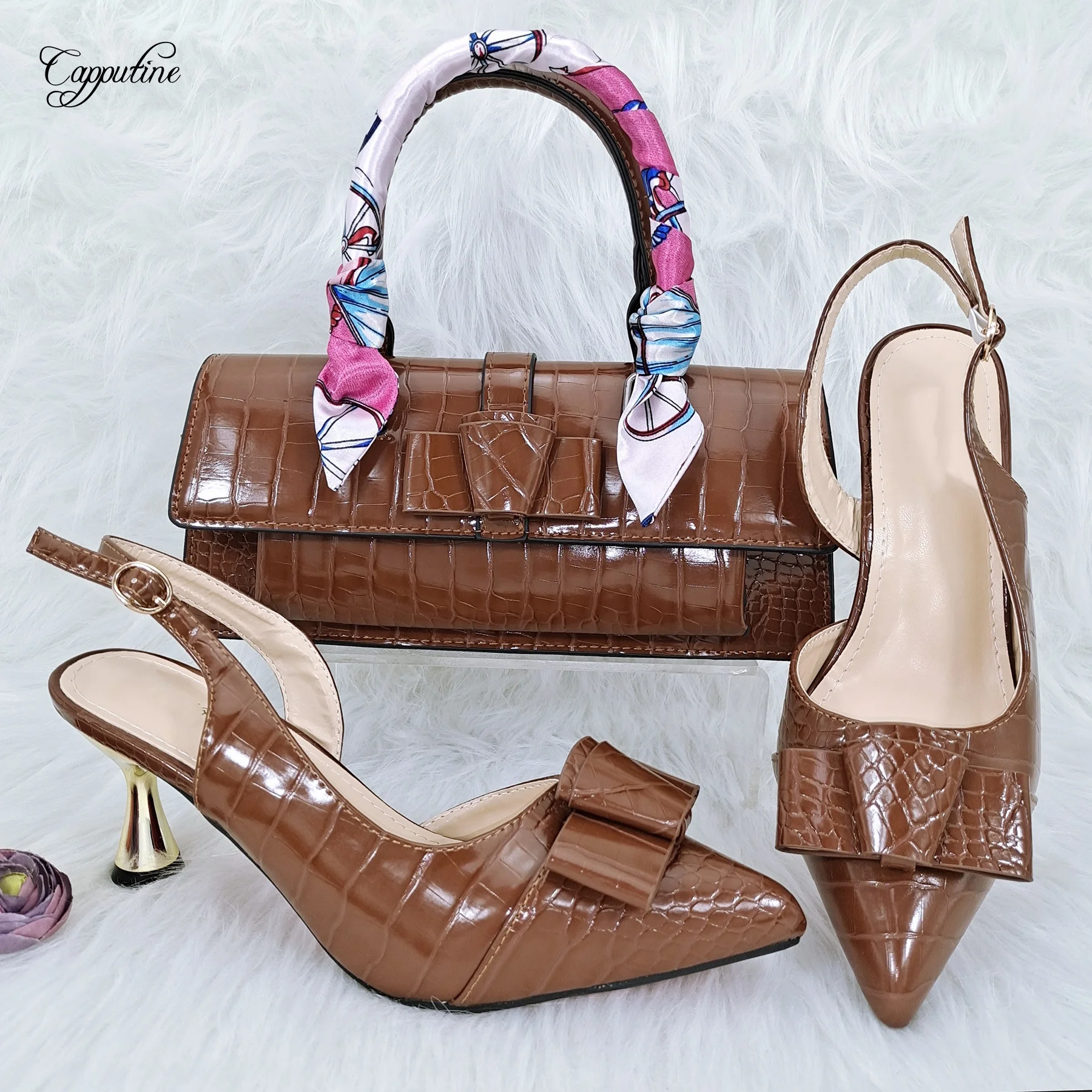 Brown Women Shoes And Bag Set African Ladies High Heels Pumps Match With Handbag Sandals Clutch Escarpins Femmes Sandales YM2302