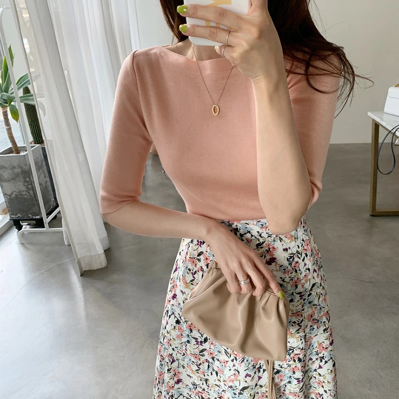 Top de punto ajustado de seda de hielo e con falda Midi de cintura alta conjunto de dos piezas estilo coreano manga co...