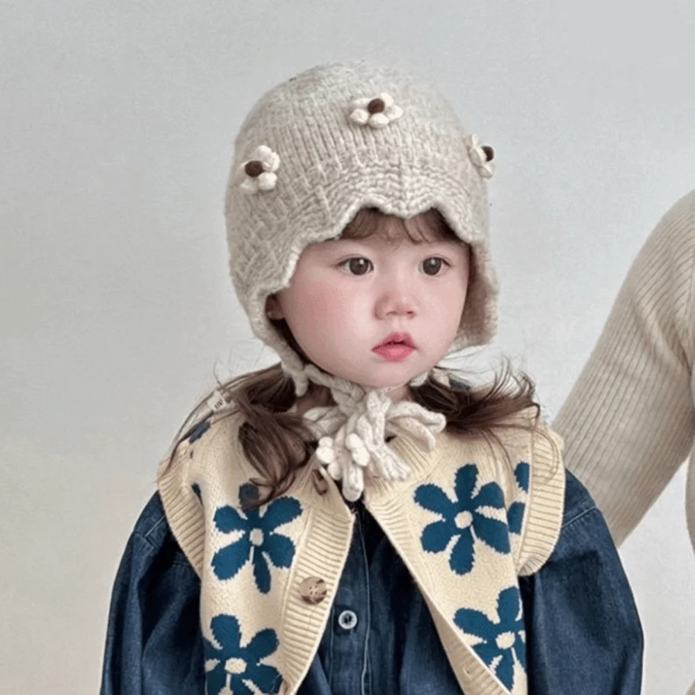 Casual Solid Color Baby Knitted Hat Flower Warm Beanie Hat Thick Fabric Lacing Toddler Pullover Hat Boys