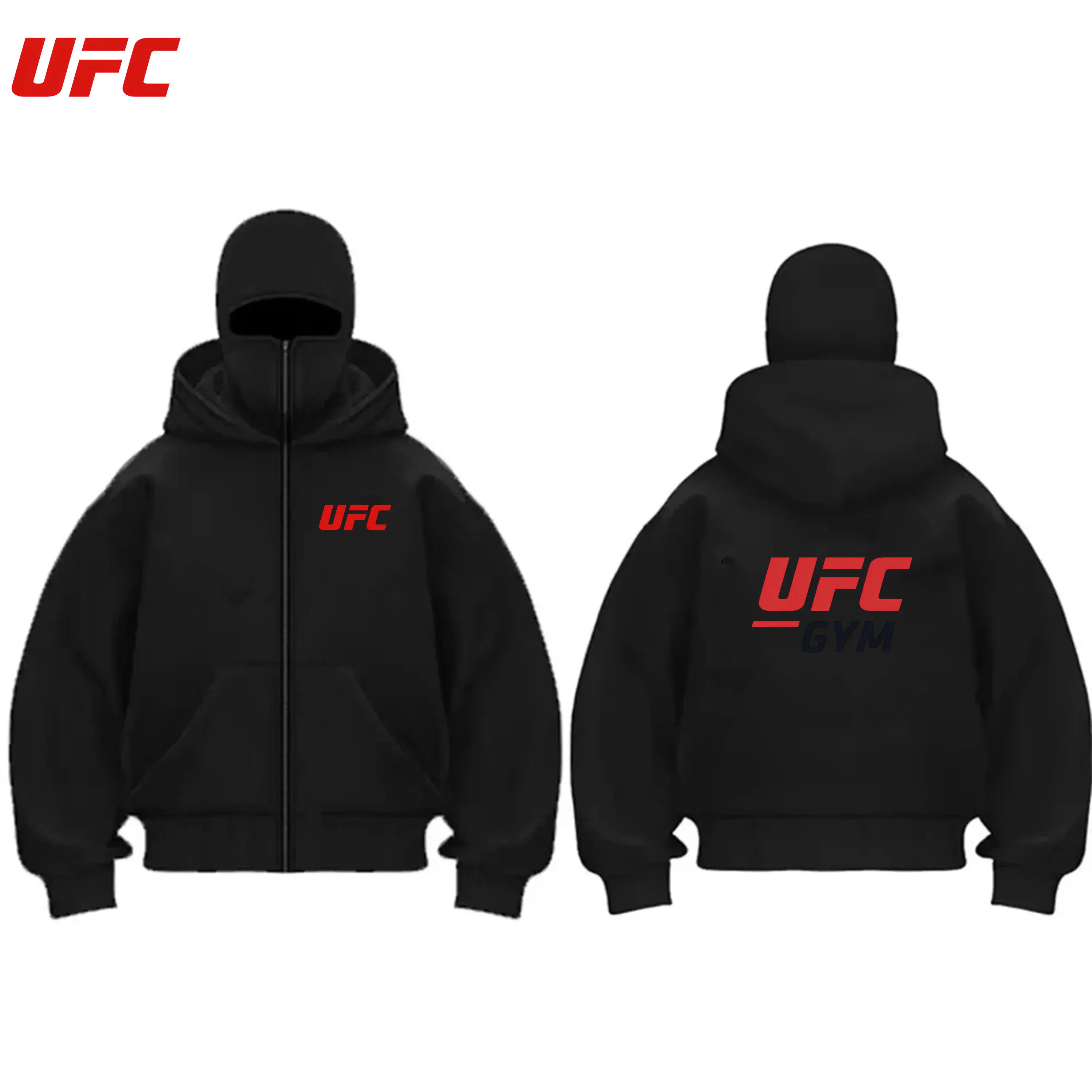 Moletom com capuz e zíper completo UFC GYM para homens, com capuz integrado e proteção facial, jaqueta esportiva