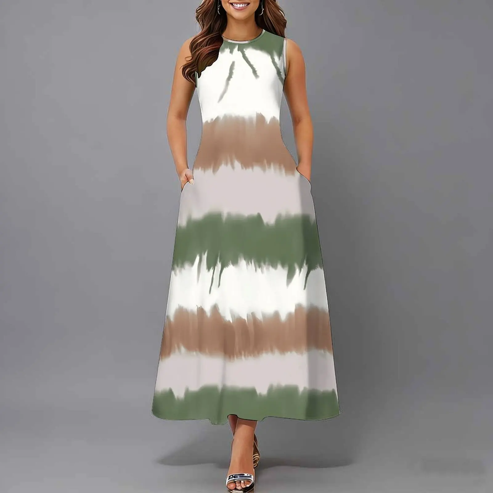 Women Sleeveless Long Maxi Dress With Pockets 3D Oil Painting Print Casual Loose Summer Vacation Party Sundress