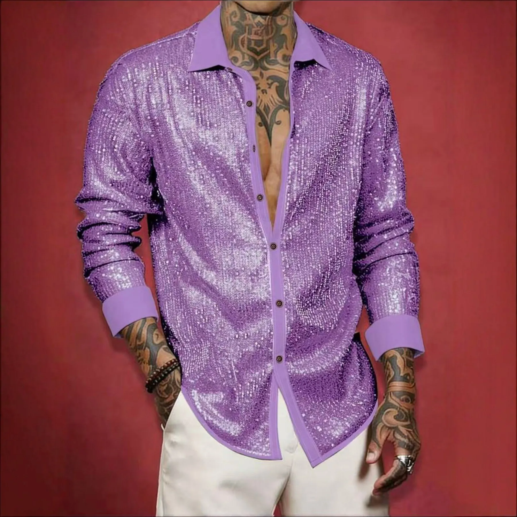 2026 New Men's Sequined Shirt Long Sleeve Fashion Men's Top Casual Shirt