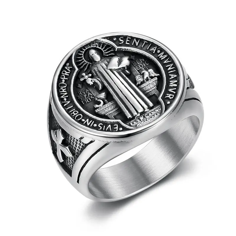 Titanium Steel Catholic Patron Saint St Benedict of Nursia Holy Medal Cross Round Finger Rings for Men Punk Jewelry