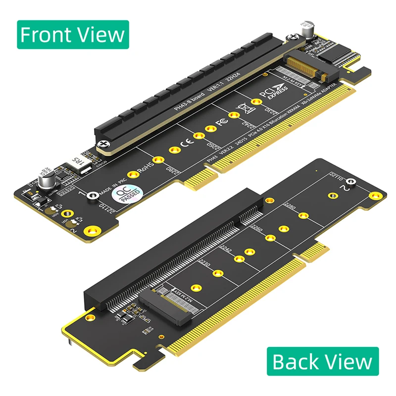 PCI Express X16 to Dual M2 NVME M Key + PCIE X16(X8 Signal) Slot Riser Card Board Motherboard Support PCI-E Bifurcation Function