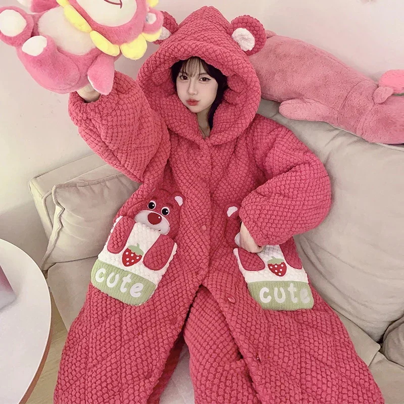 Disney pajamas winter warm two-piece set cartoon strawberry bear loungewear women's pajamas set Disney strawberry bear pajamas