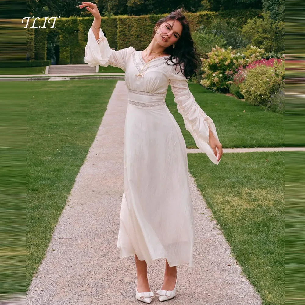 

TLIT Elegant Silk Chiffon A-Line Evening Dresses V-Neck Prom Gowns Long Puff Sleeves Bow Decoration Customized Formal Party