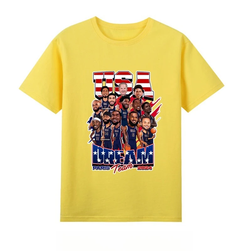 تي شيرت صيفي للرجال من USA Dream Team Jersey برقبة دائرية وأكمام قصيرة مطبوع عليه Durant James Curry تي شيرت رياضي من القطن الخالص #3