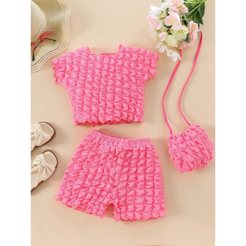 Summer new style girls comfortable trendy casual bubble cloth pure color 3pcs short sleeve shorts bag set