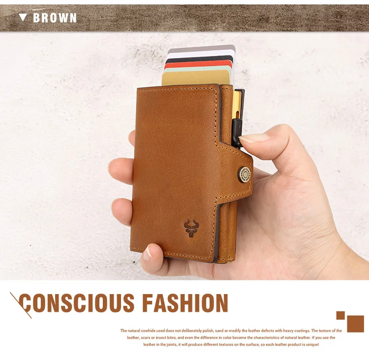 HUMERPAUL Herren-Kartenhalter mit Geldfach, Crazy Horse-Leder, Pop-Up, minimalistische Geldbörse, RFID-blockierendes, schlankes Bankkartenetui aus Metall – Detail 13