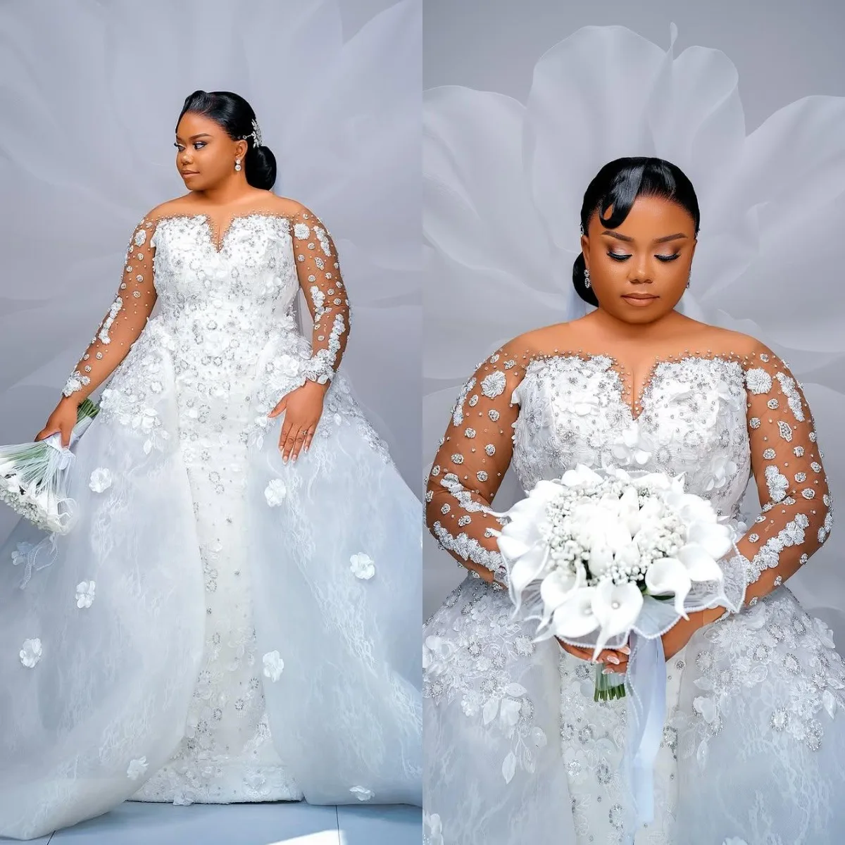 

Luxury Mermaid Wedding Dresses Appliques Pearls Long Sleeve Strapless Bridal Gowns Custom Made Vestidos De Novia