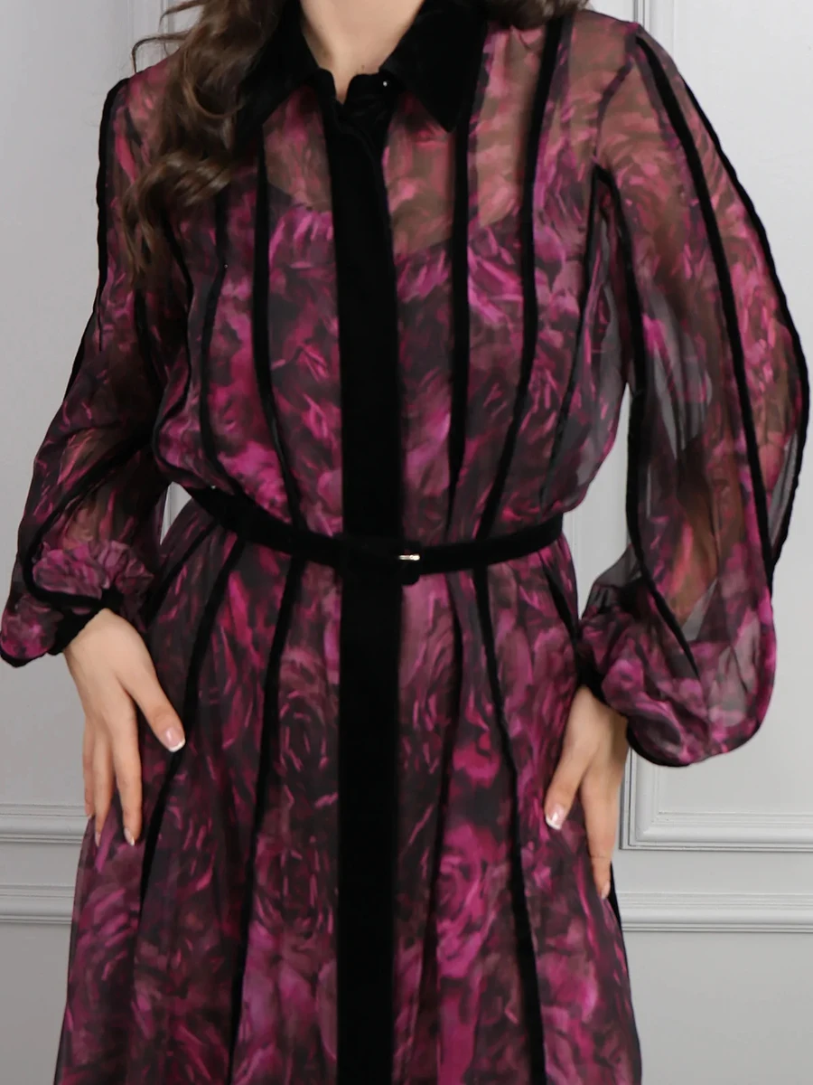 VGH – robe longue Vintage à imprimé Floral pour femmes, manches lanternes à revers, taille haute, Patchwork, maille transparente, nouvelle tendance