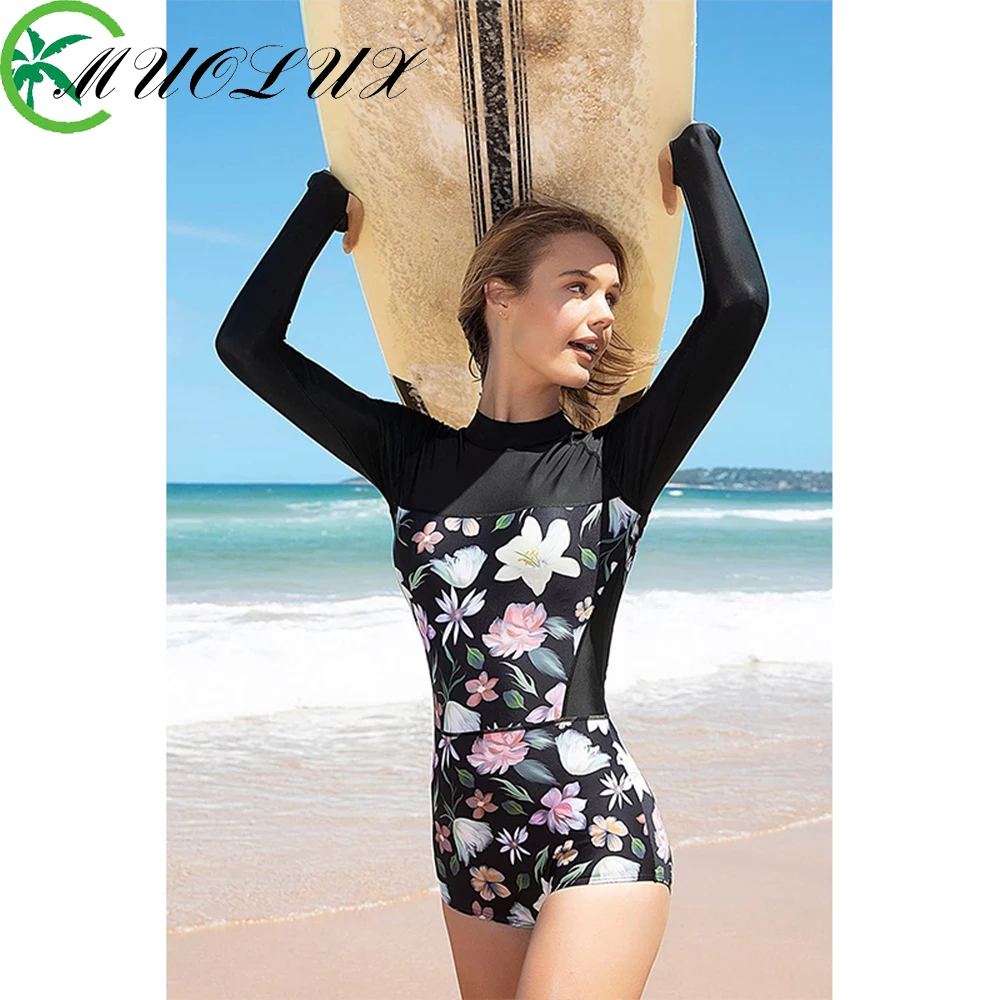 MUOLUX Women\'s Swimwear 2024 Long Sleeve Rash Guard One Piece Swimsuit Sports Beachwear Bather Bathing Suit Monokini Bodysuits