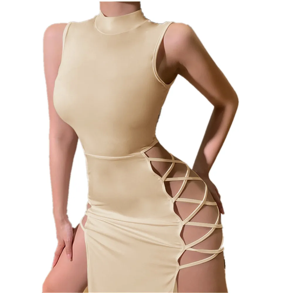 Sexy Holiday Solid Straps Sleeveless Summer Party Dress Women High Waist Lace Up Split Maxi Dresses Sleeveless Beach vestidos