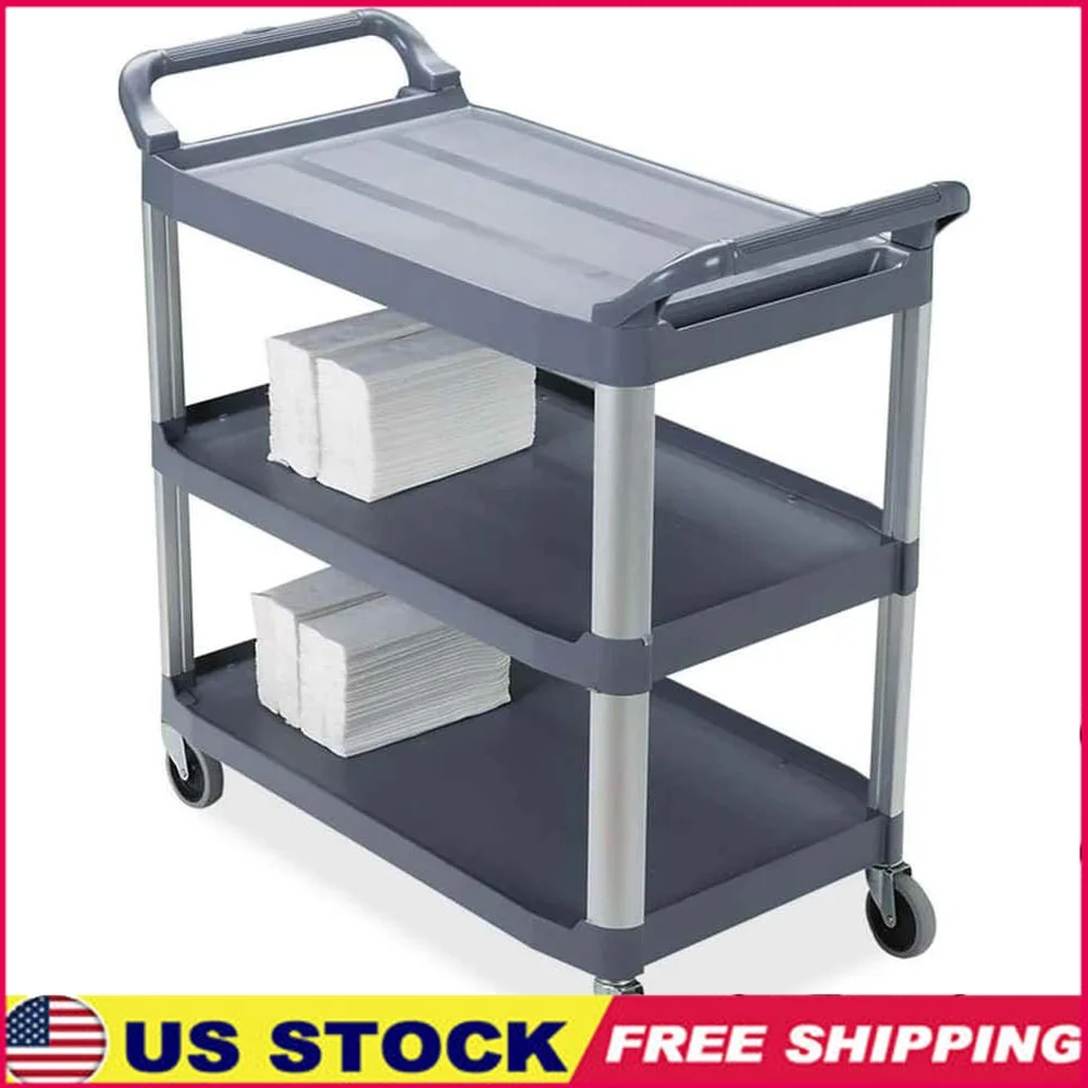 

3 Shelf Utility Cart Mobile Equipment Transport Cart 300 lb Capacity Heavy Duty Plastic Aluminum Frame Nonmarking Casters