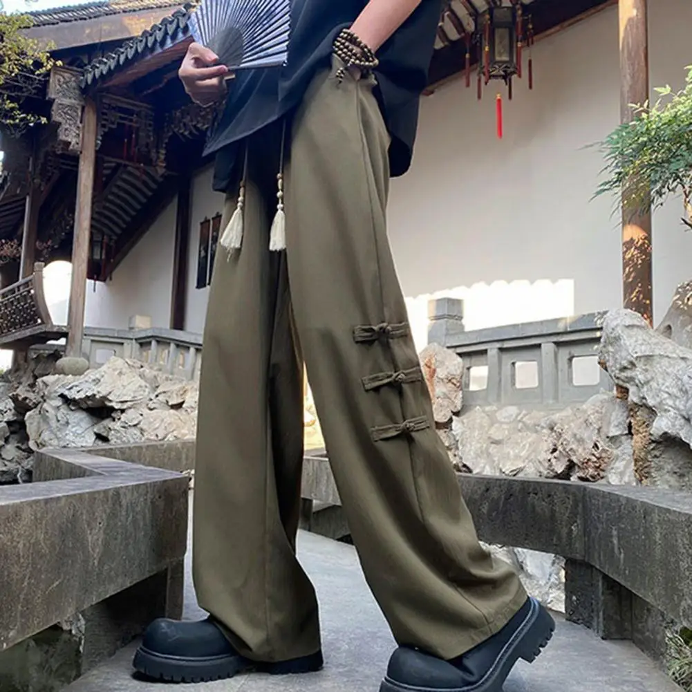 Men Sweatpants Chinese Style Men's Pants with Tassel Knot Decor Wide Leg Design Elastic Waist Retro Inspired Solid Color