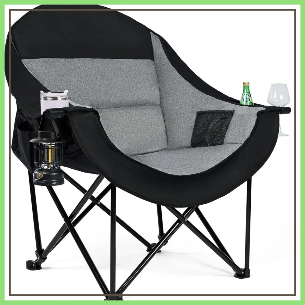 

Heavy Duty Oversized Camping Chair for Adults, Padded Folding XL Collapsible with Cup Holder Side Pocket, Supports 500LBS, Grey