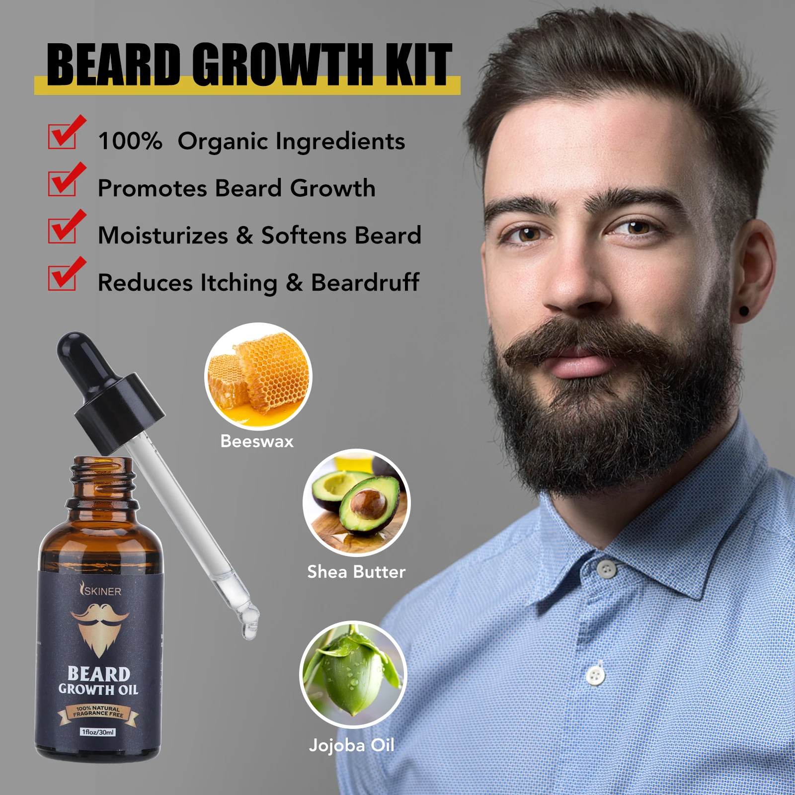 Beard Growth Kit For Men Barbe Hair Enhancerbeard Essential Oil Moisturizing Wax Growth Roller Comb Styling Scissors Beard Care