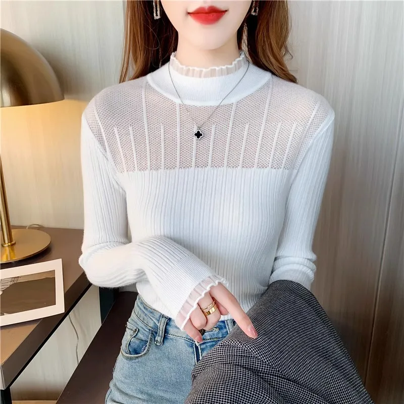 

Women Sweater Autumn Winter New Shirt High Neck Knitted Temperament Girls Solid Colour Bottoming Shirt Round Neck Jumper Tops