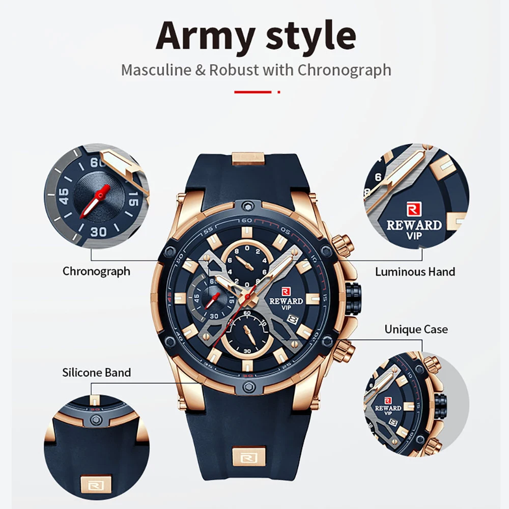 REWARD Man Wristwatch Luxury Sport Men Quartz Watch For Men Chronograph Silicone Waterproof Luminous Date Men\'s Watches