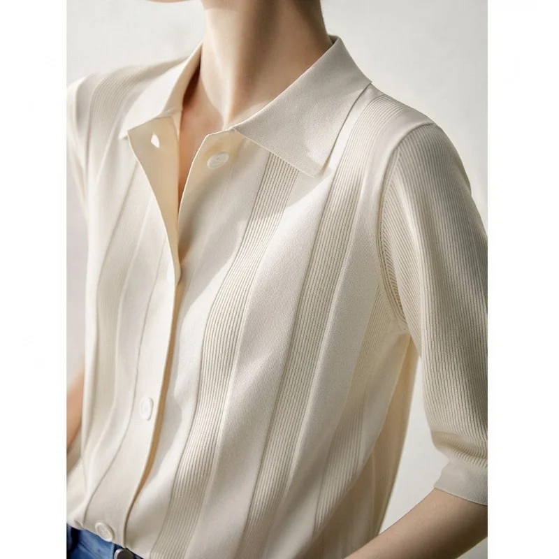 New summer yarn polo lapel mid-sleeved commuter knitted cardigan air-conditioned shirt top women