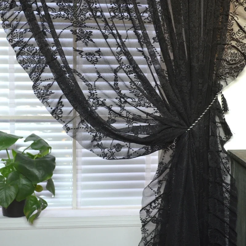Black Ruffled Lace Sheer Curtains for Kitchen Farmhouse Crystal Beads Mesh Wedding Background Jacquard Floral Window Drapes