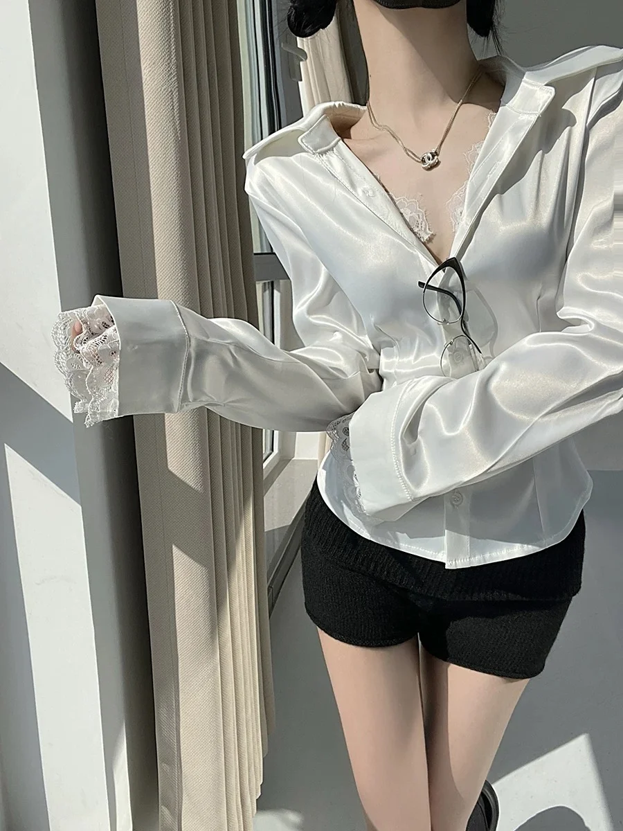 

Женская блузка Pure Desire Spicy Girl с кружевным воротником, имитация двухслойности, длинный рукав, ранняя весна, приталенный крой, подчеркивающий талию