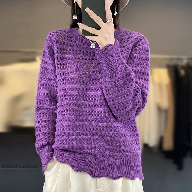 Women's spring and autumn pullover sweater hollowed out 100% merino wool solid color O-neck cashmere fashion sweater blouse