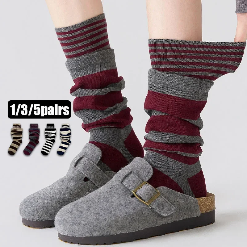 1/3/5 Pairs Women's Striped Knee High Socks Soft Stretchy Long Slouch Sock Casual Fashion Comfortable High Quality Mid-Calf Sox