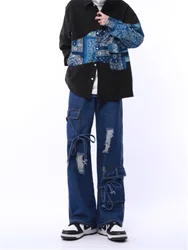 2023 American fashion street dark blue lacing hole wide leg casual pants men's and women's loose jeans