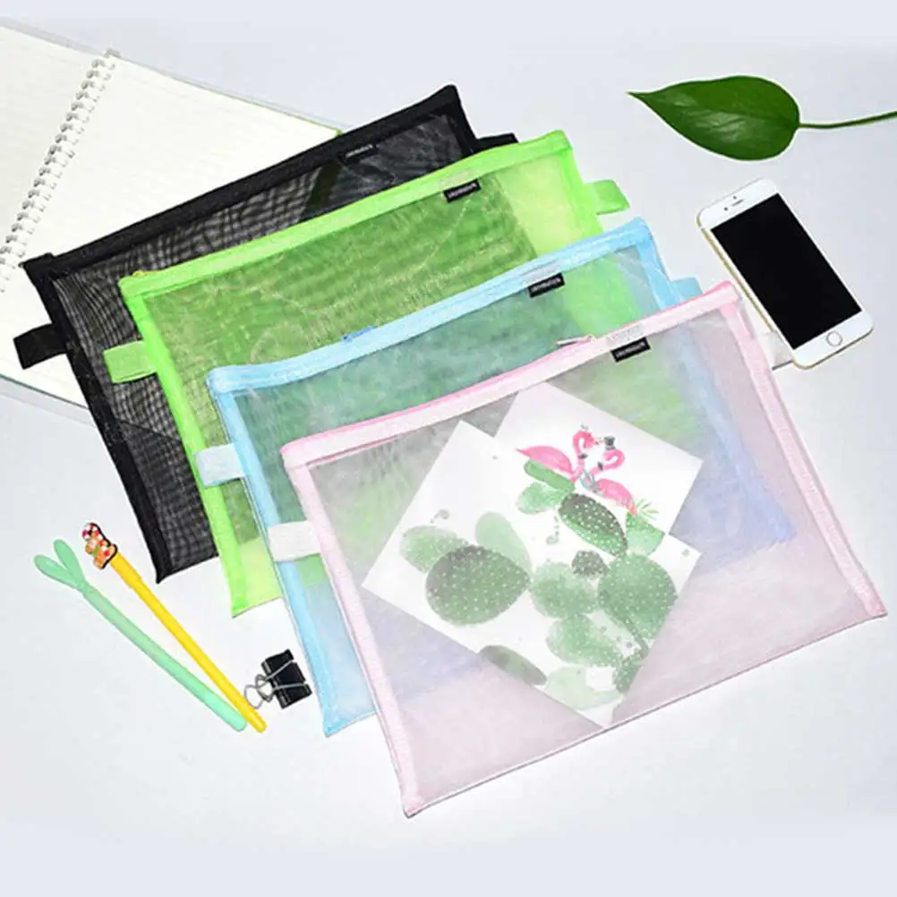 

4pcs A4 Portable Mesh File Bag Zipper Stationery Document Bag For Office School Supplies Pencil Pouch Blue Pink Green