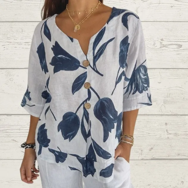 

Loose Casual Cotton Linen Pullover Tops Fashion V-neck Short Sleeved Single Breasted Leaf Printed Shirt Spring Summer New Top