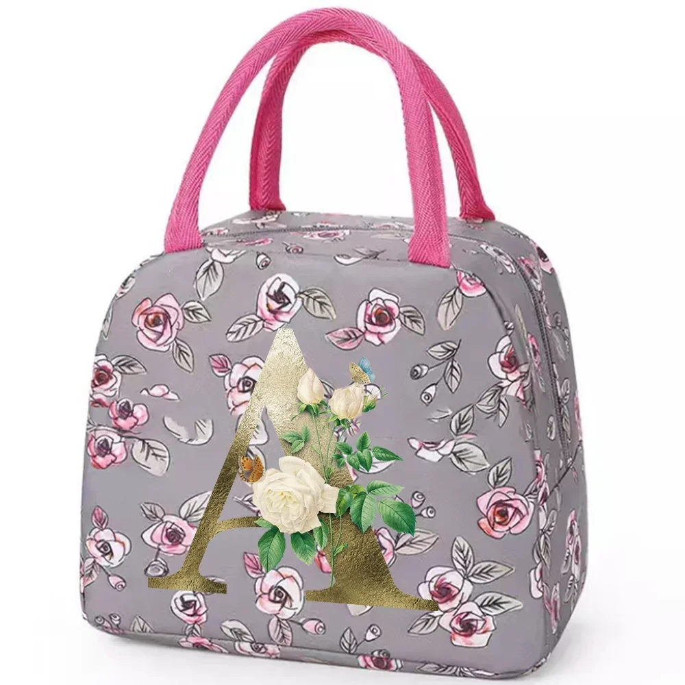 Bolsa térmica para fiambrera, bolso bonito y dulce a la moda, bolsa de almacenamiento de alimentos, organizador para niños, estampado de flores grises, serie de flores doradas