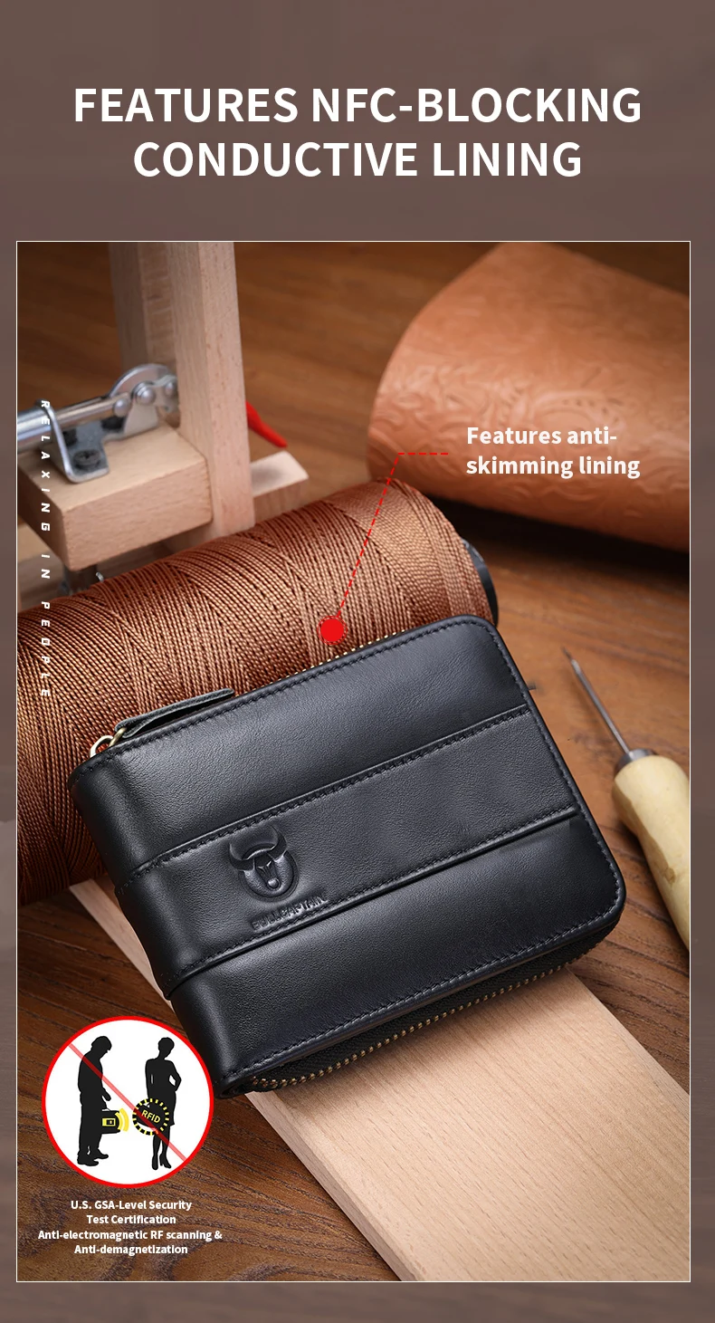 BULLCAPTAIN Herren Echtleder-Geldbörse mit RFID-Schutz, Vintage Rindsleder Reißverschluss-Brieftasche mit Münzfach, Kreditkartenhalter – Detail 12