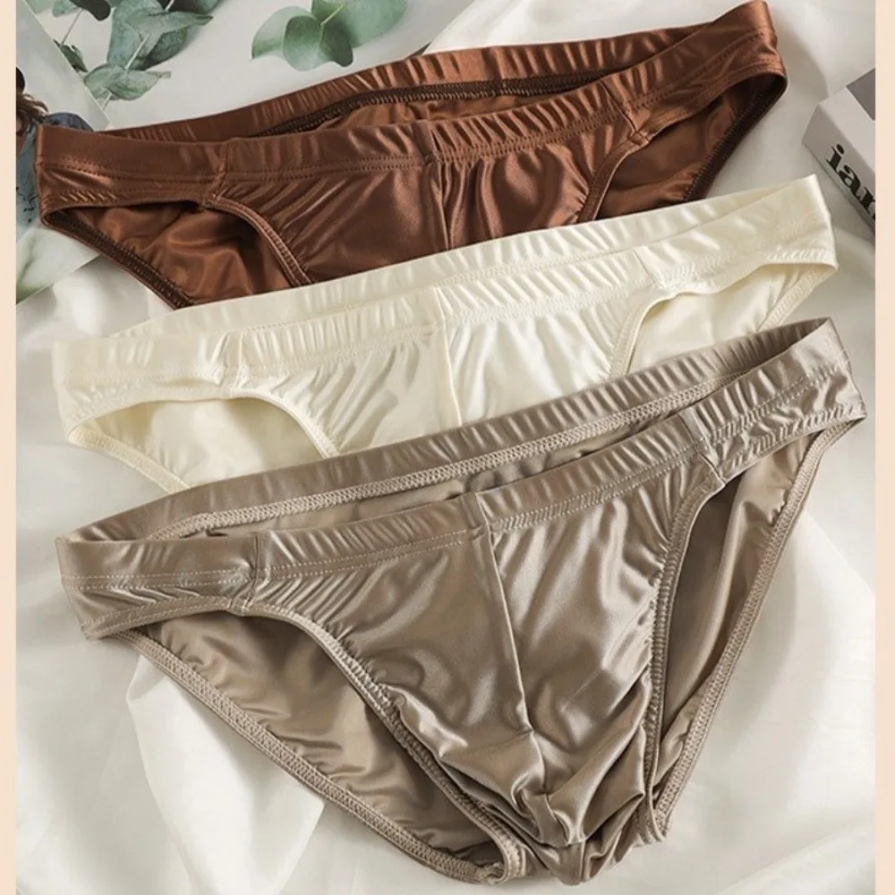 

Comfortable Low Waist Men Thin Panties Simple Underpants Satin Silk Briefs Male Lingerie Ice Cool Briefs Men