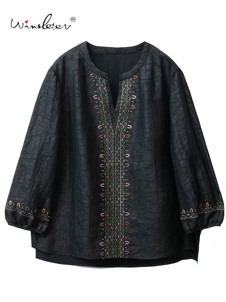 

Winsleter-100% Элегантная рубашка из натурального шелка с водяной марлей, вышивка рукавами-фонариками, женская блузка в стиле ретро, осень 202, T5O443CC
