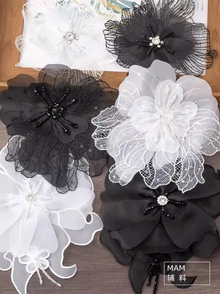 Black and white stereo double mesh sequin flowers handmade pearl diamond double lace wedding accessories