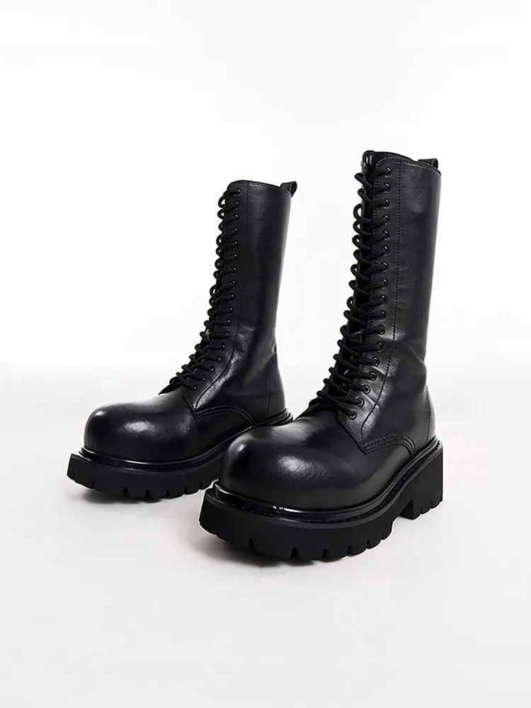 

Start Exceed End Mickey Big Head Boots Mid-Calf Thick Bottom round Toe Genuine Leather Boots for Men And Women