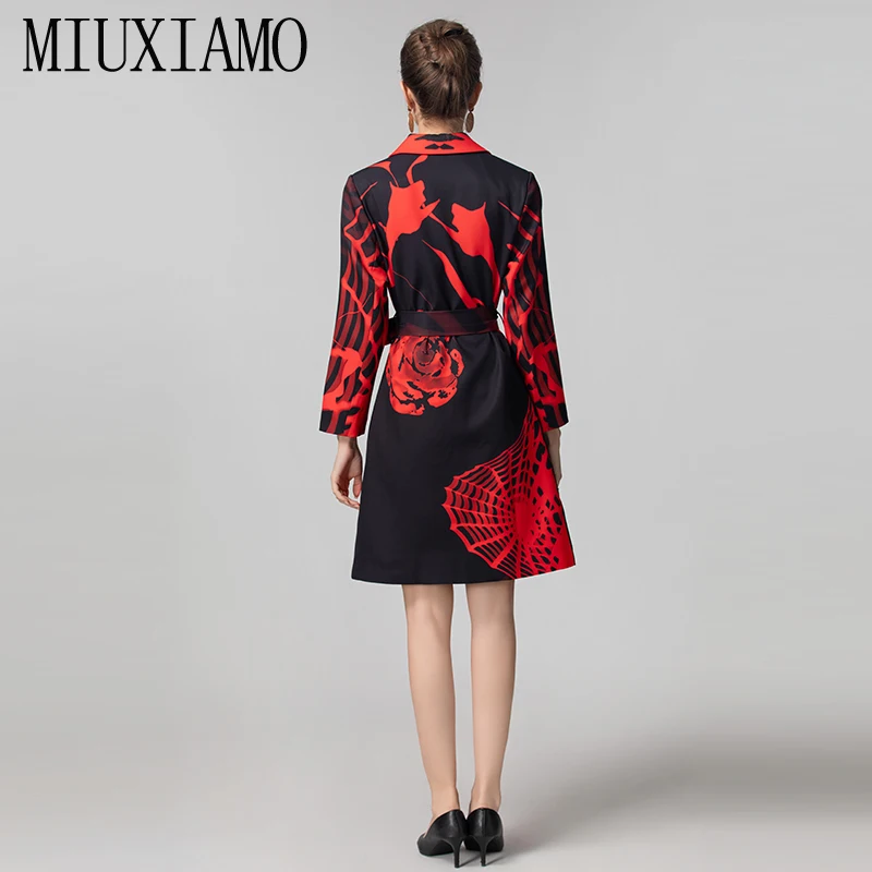 MIUXIMAO 2024 Autumn&Winter Elegant Female Jacket Fashion Coat Red Flower Print Fashion Slim Jackets for Women With Belt