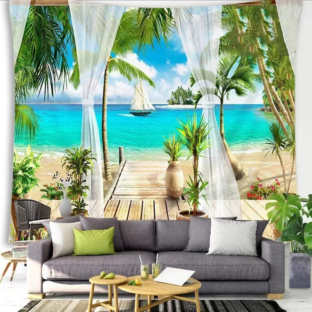 Beach Decor Tapestry Ocean Sea Tropical Island Palm Tree Scenic View From Balcony Summer Tropical Scenery Wall Hanging Tapestry