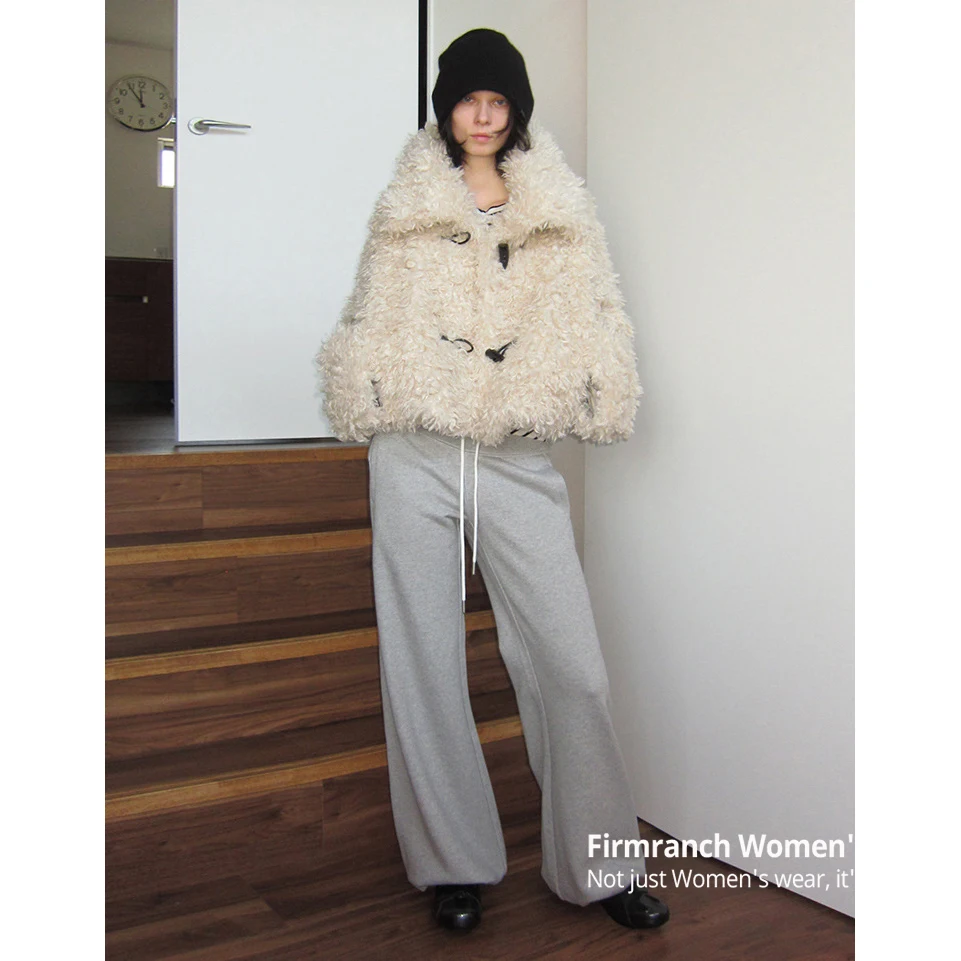 Firmranch New Big Lapel Horn Button Short faux fur Jackets For Women Suede Lined Eco-friendly Fur Coat Warm Winter Outfits