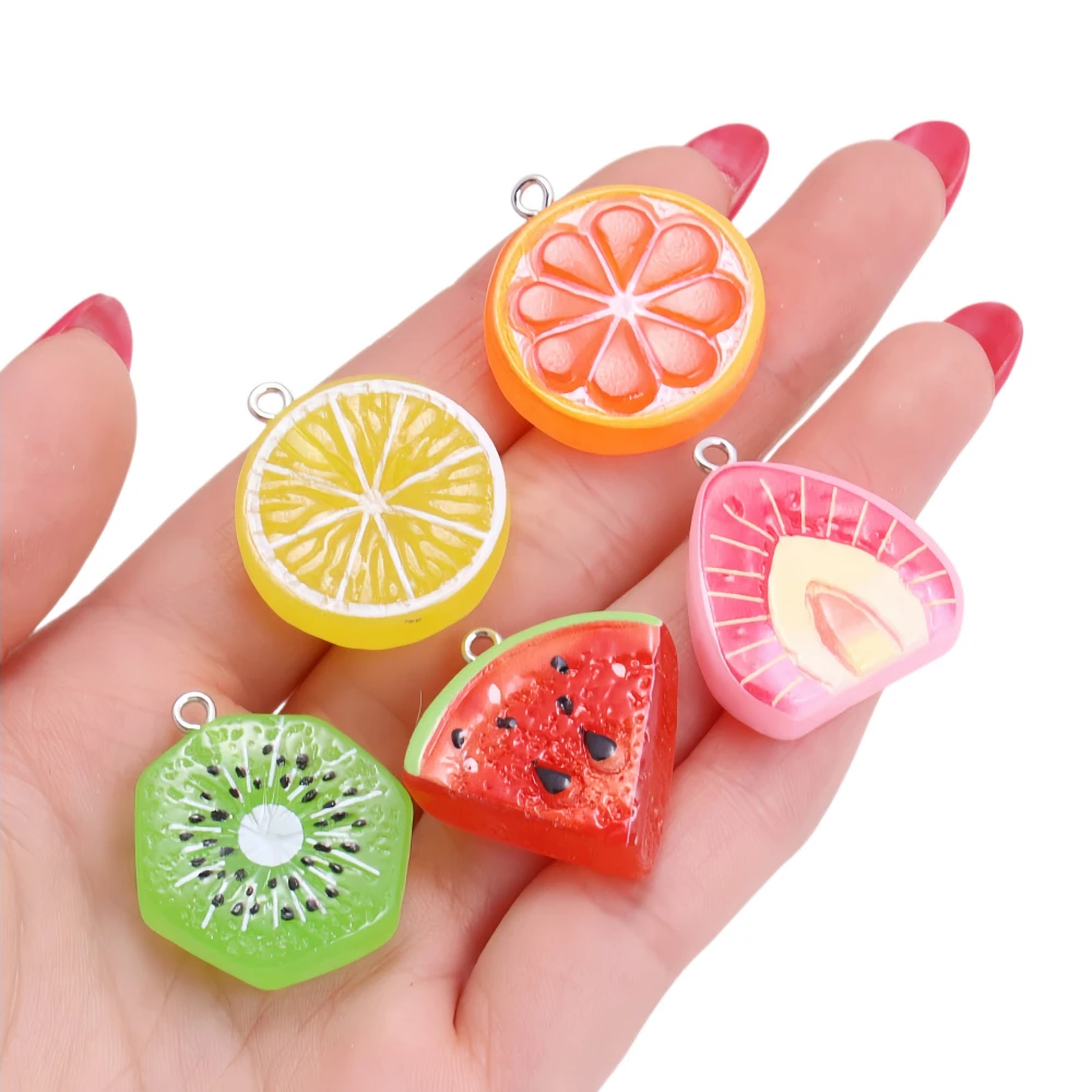 5Pcs Cute Watermelon,Orange,Strawberry,Lemon,Fruit Slices Series Pendant Resin Simulation Charms DIY Craft Jewelry Decorations