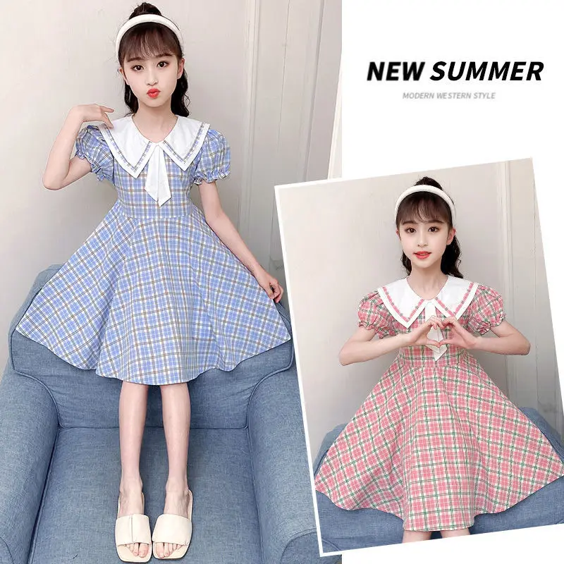 Dress Girl Summer Party 2023 New Child Plaid Princess Dresses Small Fresh Lapel Avant-garde Design Birthday Dance Dress 7 Years