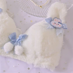 Japanese Sweet Style Lolita Lingerie For Women Winter Warm Fluffy Rabbit Grid Ribbon Bowknot Hairball Cute Girls Underwear Set