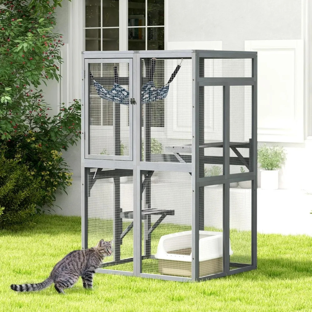 Cat House, Outdoor Cat Enclosure Window Access, Wood Cat House Shelter, Kitty Cage with 3 Platforms for Patio Indoor, Cats Cages