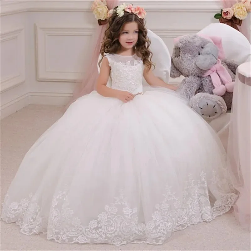 

White Flower Girl Dresses for Wedding Lace Appliques Sleeveless Baby Girl Birthday Party Gowns First Communion Gowns Customized