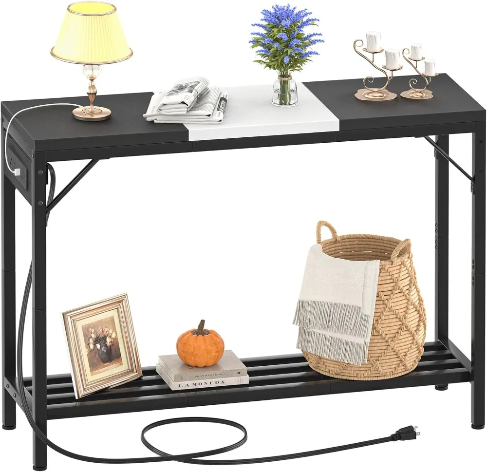 

Narrow Console Table with Power Strips, Sofa Table with Storage Shelves for Living Room, 2-Tier Foyer Table for Entryway